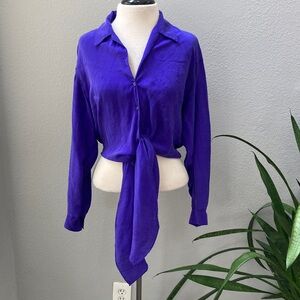 Unknown brand Vintage royal blue silk button up with long tie front blouse S